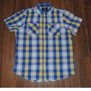 Bluenotes Button Up Short Sleeve Shirt Blue Plaid XL Slim Fit Cotton Chest 46"